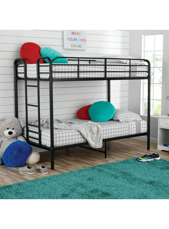 Your Zone Kids Metal Twin over Twin Quad Bunk Bed with Ladder and Guardrails, Black