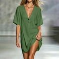 thumbnail image 5 of Ihhxva Cotton Dress for Women V-Neck Short Sleeve Relaxed Fit Cropped Stretchable Summer Loose Solid Color Mini Length Shift Style Sundress Beach Vacation Party S-2XL, 5 of 9