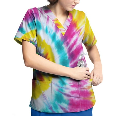 

Huachen Plus Size Printed Scrub Working Uniform Tops For Womens Summer 2023 V-Neck Short Sleeve T-Shirts Workwear Tee With Pockets