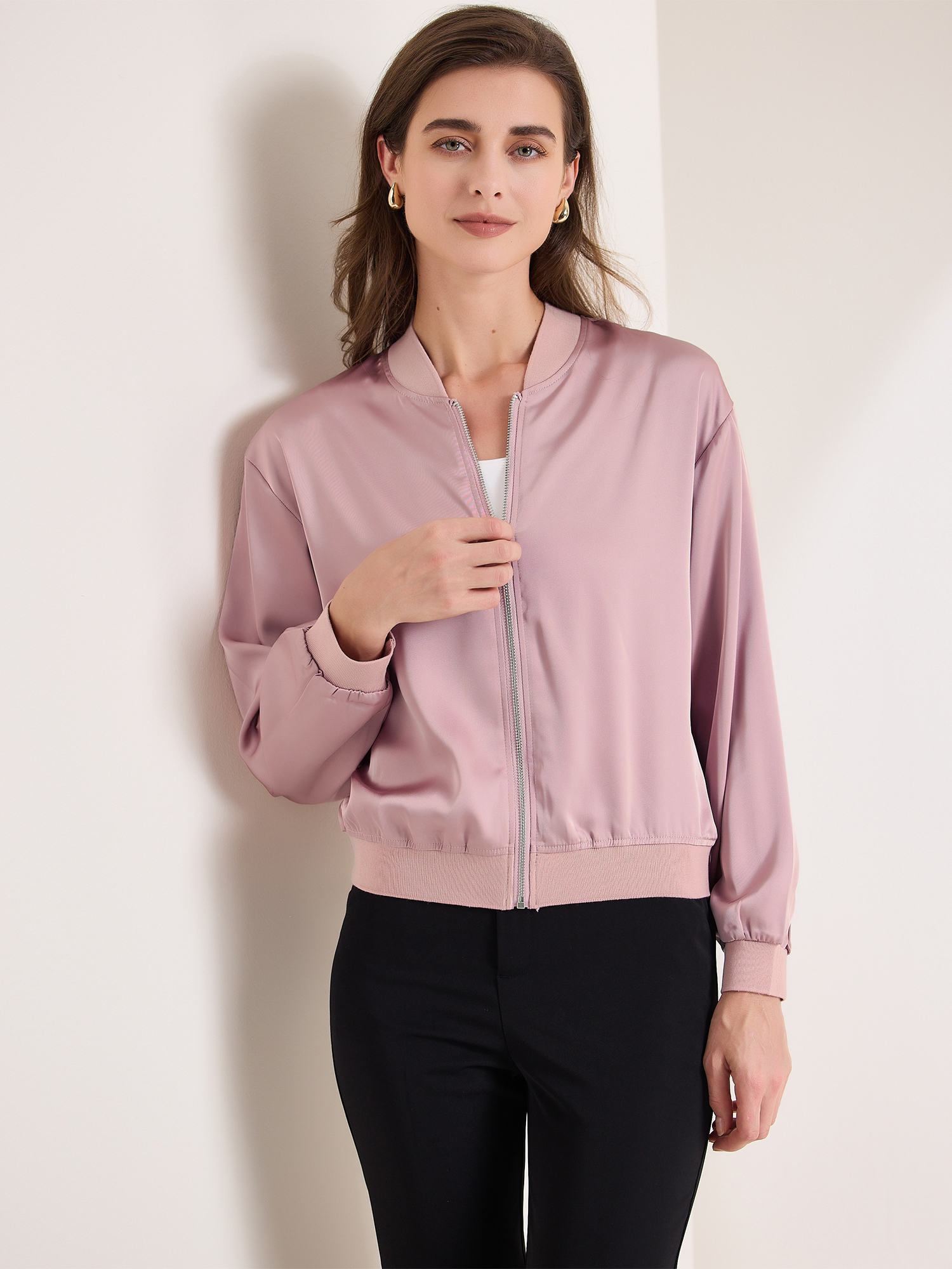 DARING DIVA Zip Up Coat Long Sleeve Outerwear  Lightweight Top L Dusty Pink