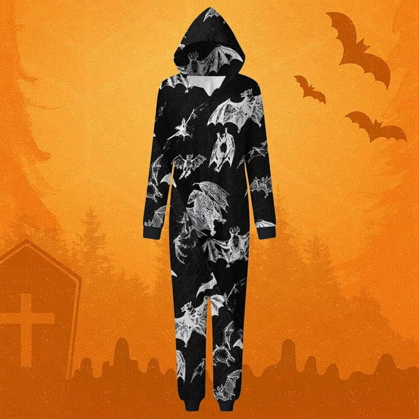 Family Halloween Pjs Matching Sets Halloween Print Long Sleeve Zippered One Piece Pajama Hooded Jumpsuit Winter Halloween Pjs Family Set