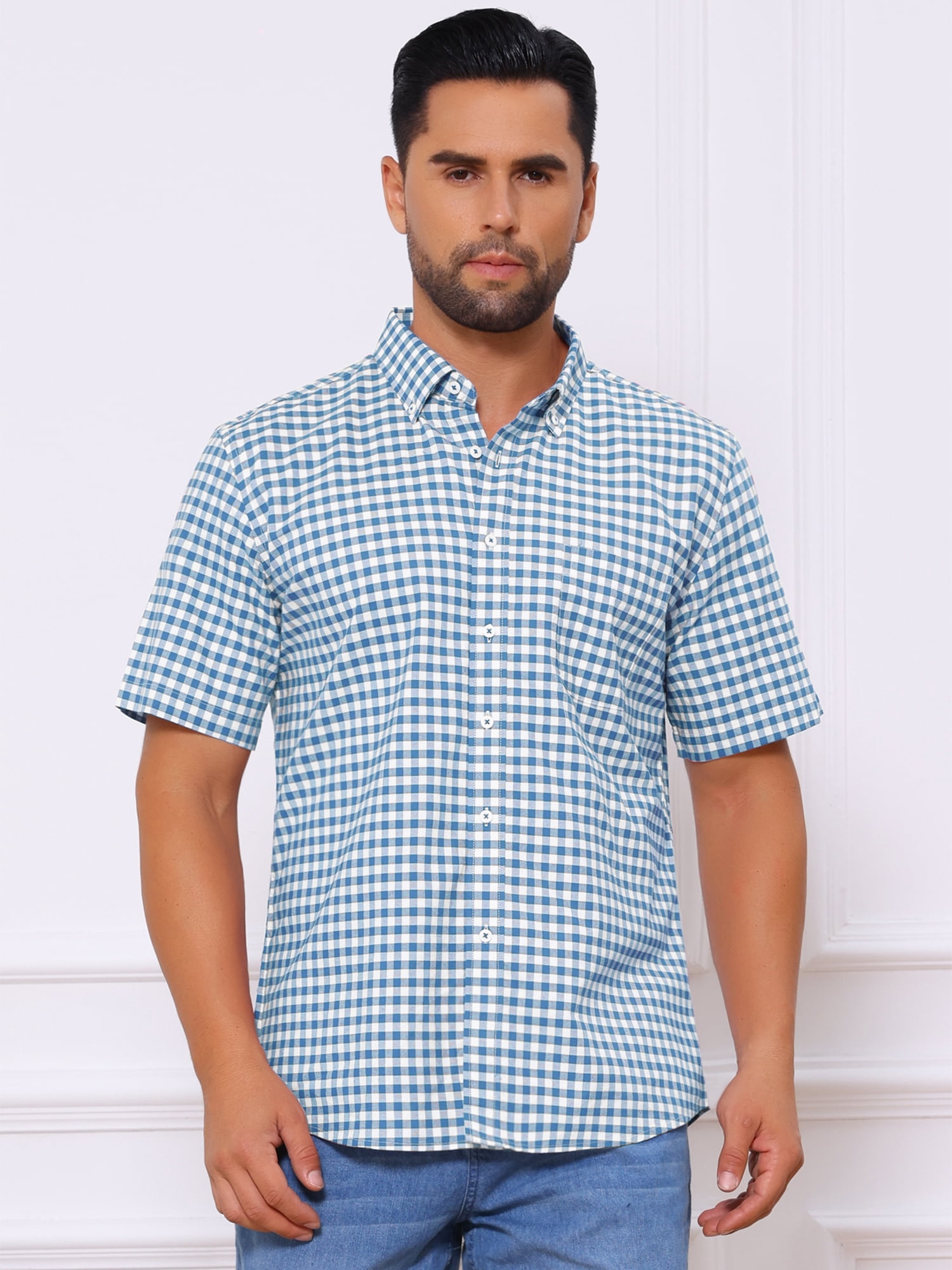 DARING DIVA Men's Point Collar Short Sleeve Button Business Plaid Shirts L Blue White