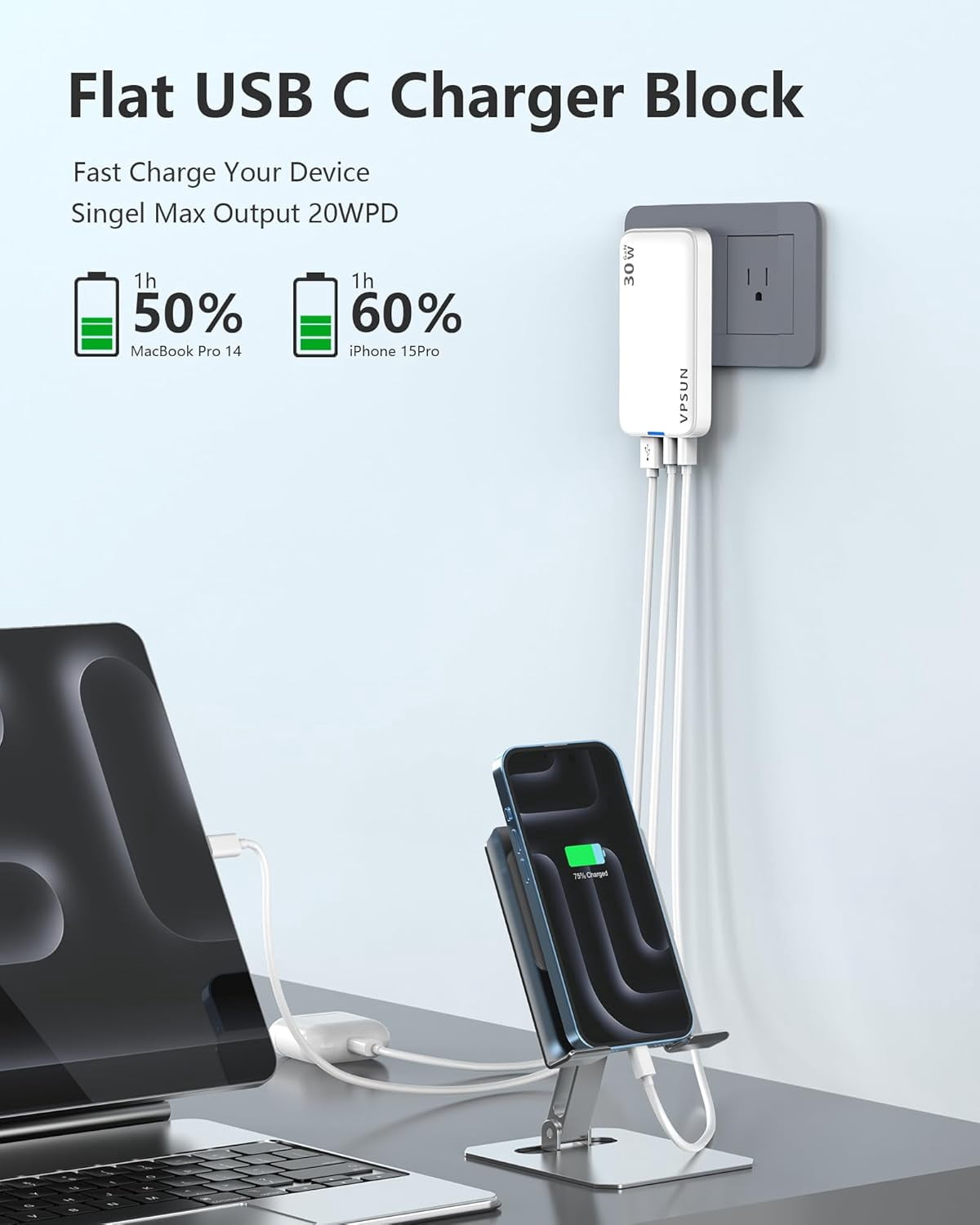 MHAWBL-USB Wall Charger Block 30W,3 Port Ultra Thin Flat USB C Charging Plug,Foldable Power Adapter for iPad,iPhone 15/16,Samsung (White)