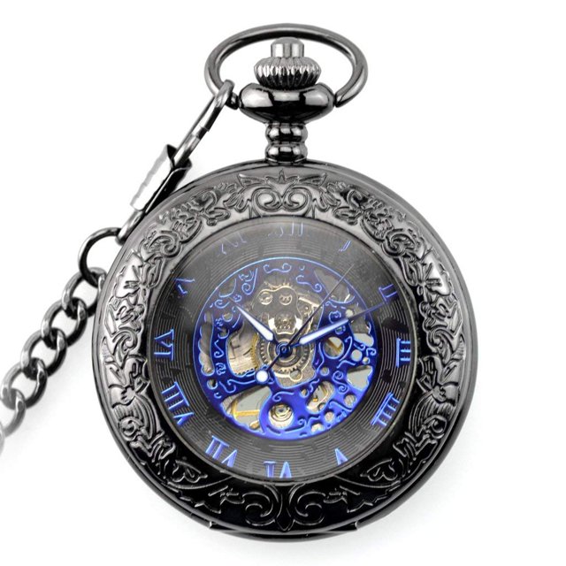 Reloj de bolsillo mecánico retro Steampunk de cuerda manual, de metal grabado, azul y negro