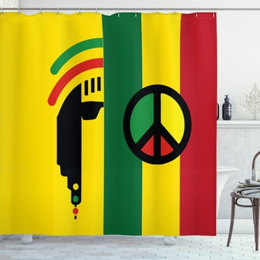 Ambesonne Rasta Shower Curtain, Reggae Music Peace, 69"Wx75"L, Red Green Yellow