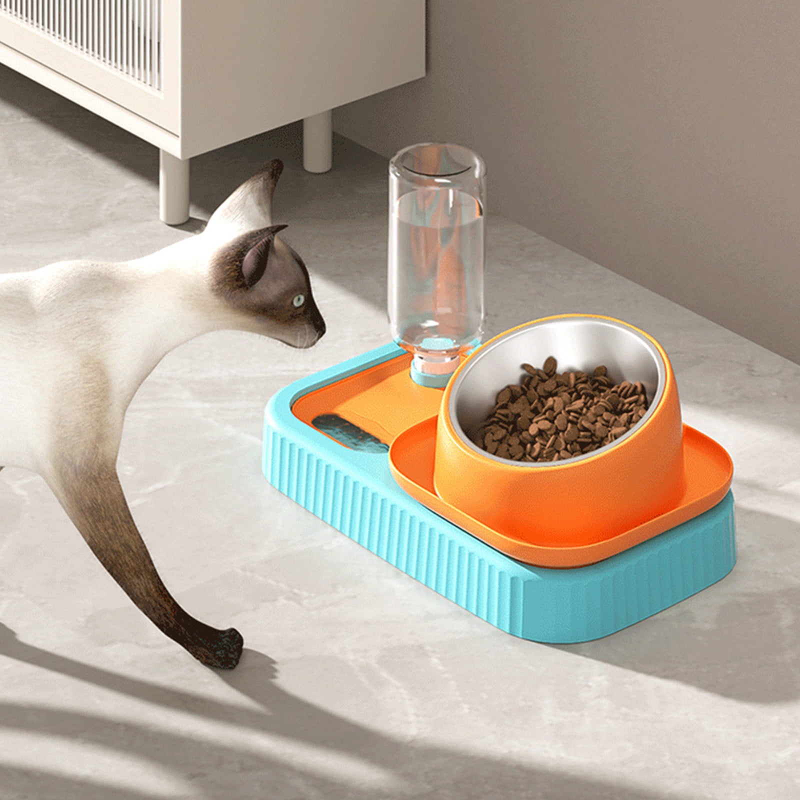 Orange Stainless Steel Double Bowl Pet Feeder Automatic Gravity Water Bowl Anti Tip For Cats Dogs Warm Water Heating