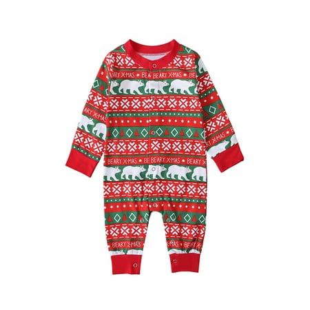 

Calsunbaby Infant Newborn Baby Boys Girls Christmas Bear Print Button Closed Long Sleeve O-Neck Romper
