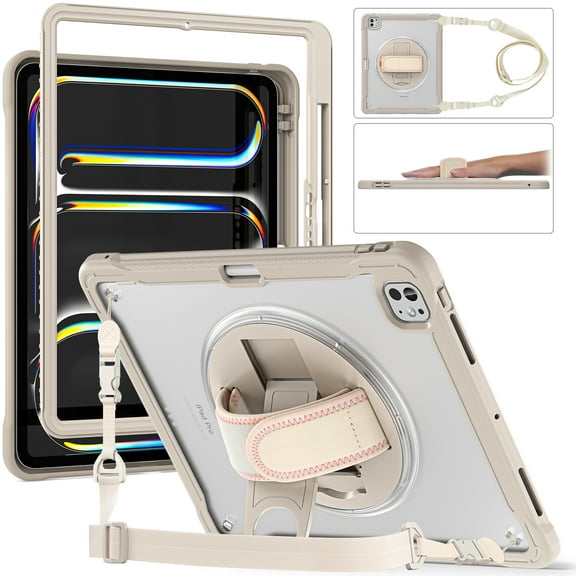 ELEHOLD Hybrid Rugged Case for iPad Pro 13-inch (M5) 2025/(M4) 2024 Heavy Duty Shockproof Case with 360° Rotatable Handstrap Foldable Kickstand Crossbody Shoulder Strap, Khaki