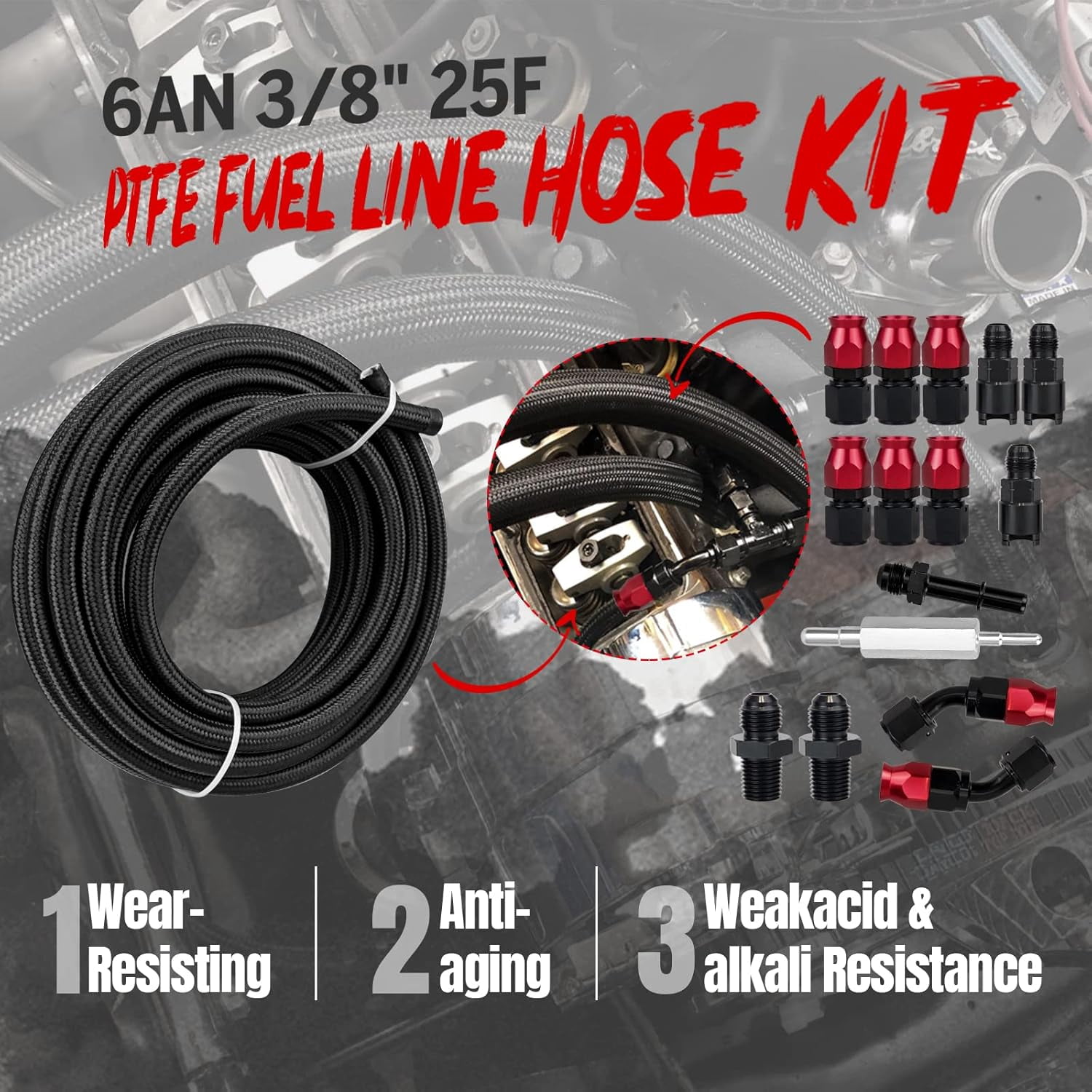 YIUIY 6AN 25F PTFE Fuel line Hose Kit,AN6 3/8" PTFE LS Swap EFI Fuel Line Fitting Kit E85 Oil Gas Nylon Braided Fuel Hose