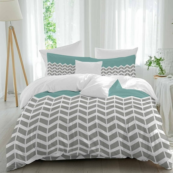 Teal Grey Duvet Cover Set Twin Size, Herringbone 4 Piece Soft Microfiber Bedding Set with 1 Duvet Cover, 1 Flat Sheet, 2 Pillowcases