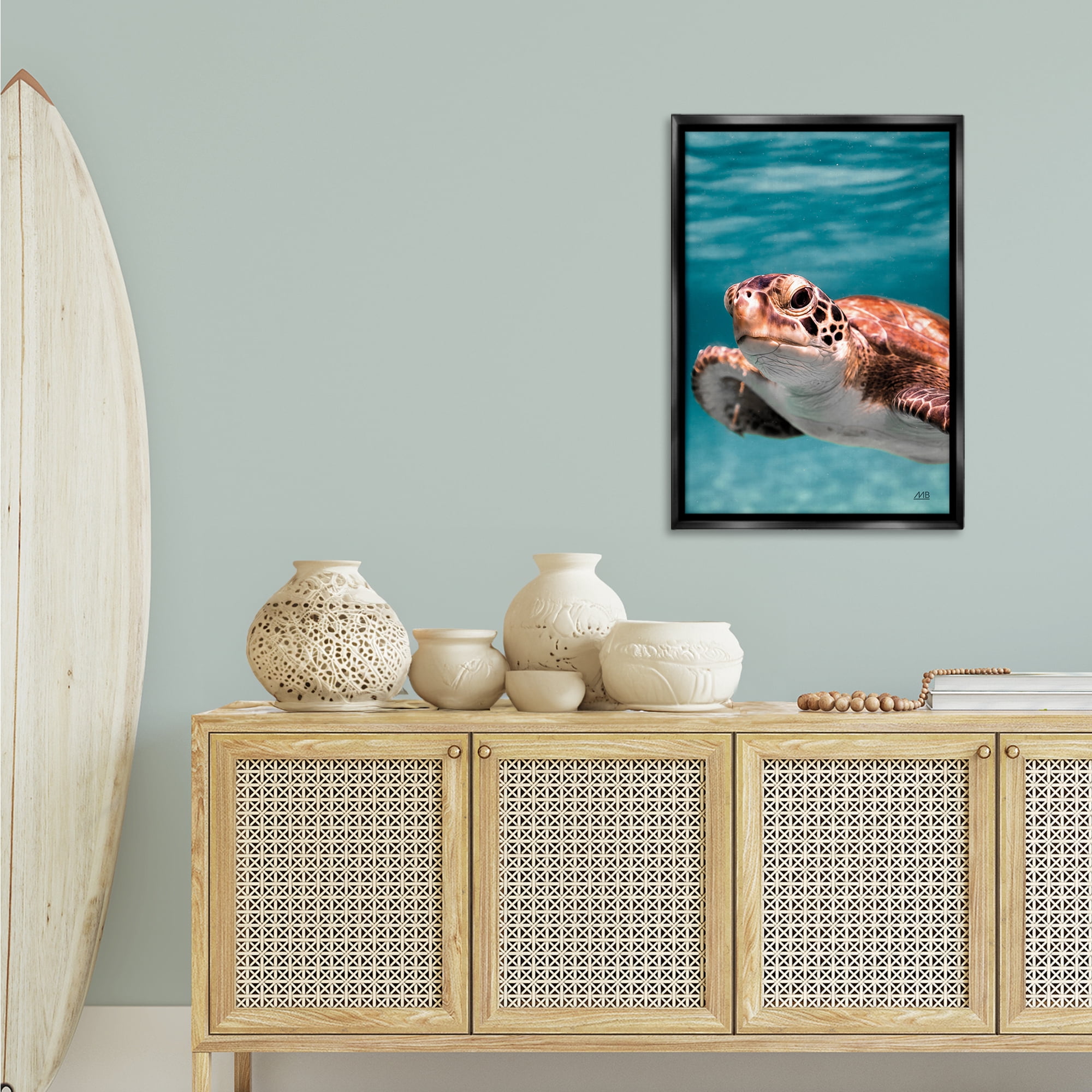 Stupell Industries Underwater Sea Turtle Swim Animals Photography Black Floater Framed Canvas Art Print Wall Art, 21 x 31