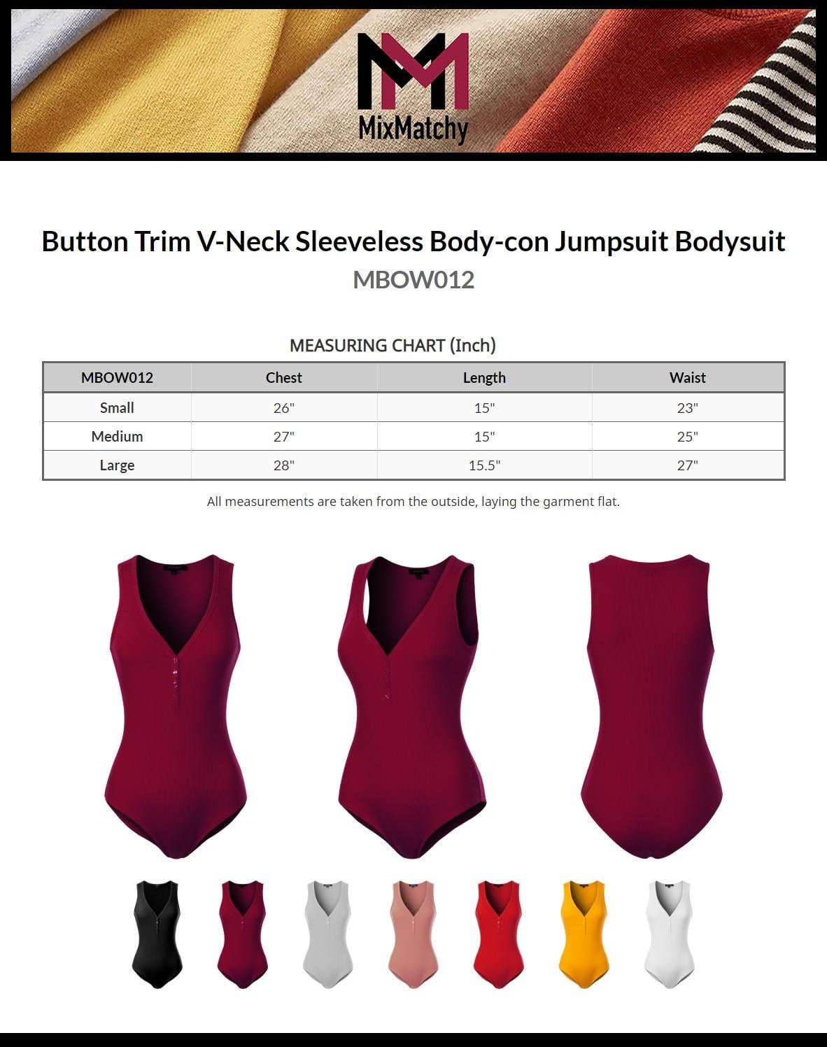 MixMatchy Womens Button Trim V-Neck Sleeveless Body-con Jumpsuit Bodysuit