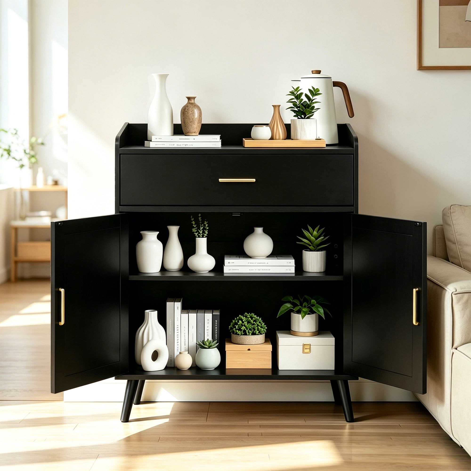 Storage Cabinet with 1 Drawer and 2 Doors, Farmhouse Buffet Sideboard and Floor Storage Cabinet with Solid Wood Feet for Kitchen Living Room, Black