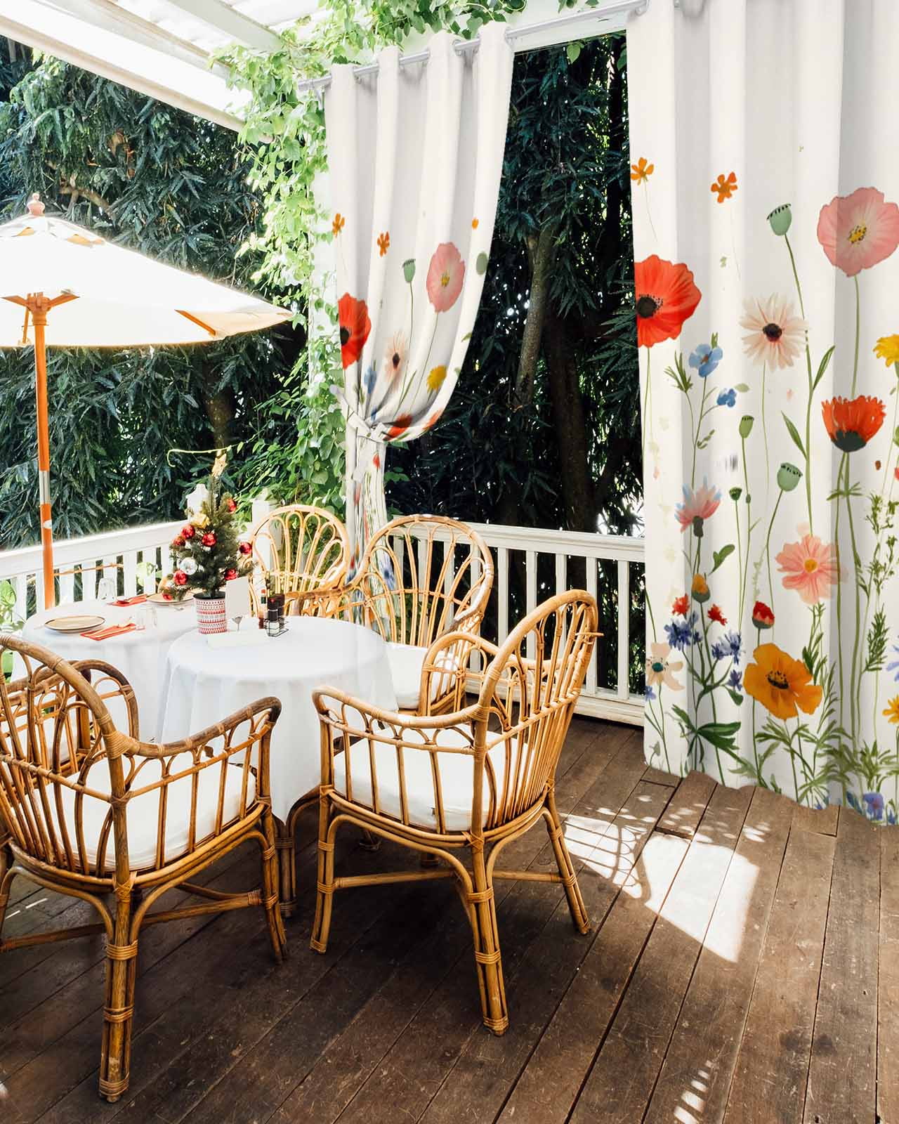 Spring Flower Outdoor Curtains for Patio, Rustic Watercolor Colorful Floral Green Leaf Plant Linen Texture Waterproof Weatherproof Outside Privacy Curtains Outdoor Drapes 54x108 Inch, 1 Panel