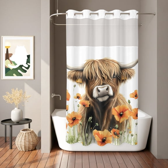 Yak Floral Shower Curtain, Watercolor Country Farmhouse Orange Flower Green Plant Waterproof No Hooks Bath Shower Curtain with See Through Top Window for Bathroom Bathtub 36x78in