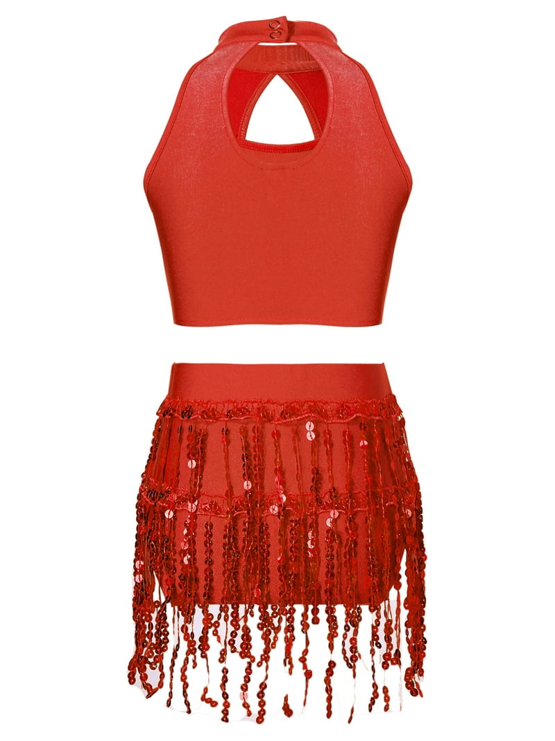 Haitryli Kids Girls Halter Tank Top with Sequins Fringe Skirt Set - Main Image