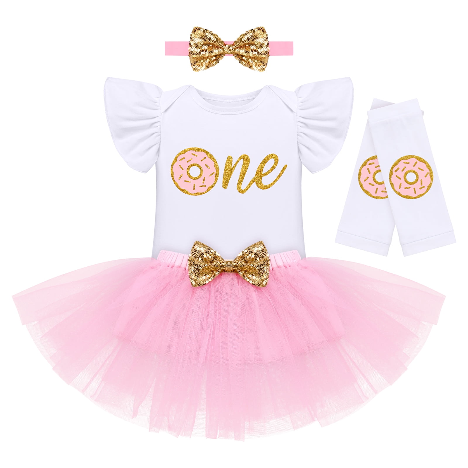 IBTOM CASTLE Baby Girls Donut One Half 1st/2nd Birthday Outfit Sweet Romper Tutu Dress Leggings Princess Skirt Clothes Set 1 Year Donut Gold-one