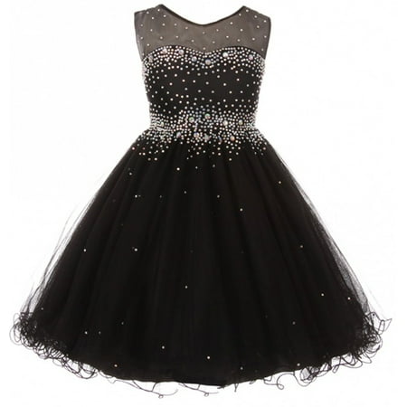 - Little Girls Sparkling Rhinestone Illusion Tulle Junior Bridesmaid Pageant Flower Girl Dress Black 4 (C50C29C)