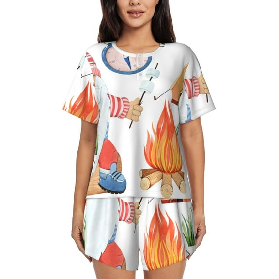Ratiio Gnome Camping Print Womens Pajama Sets 2 Piece Soft Short Sleeve Top and Shorts Sleepwear Round Neck Pjs Lounge Set