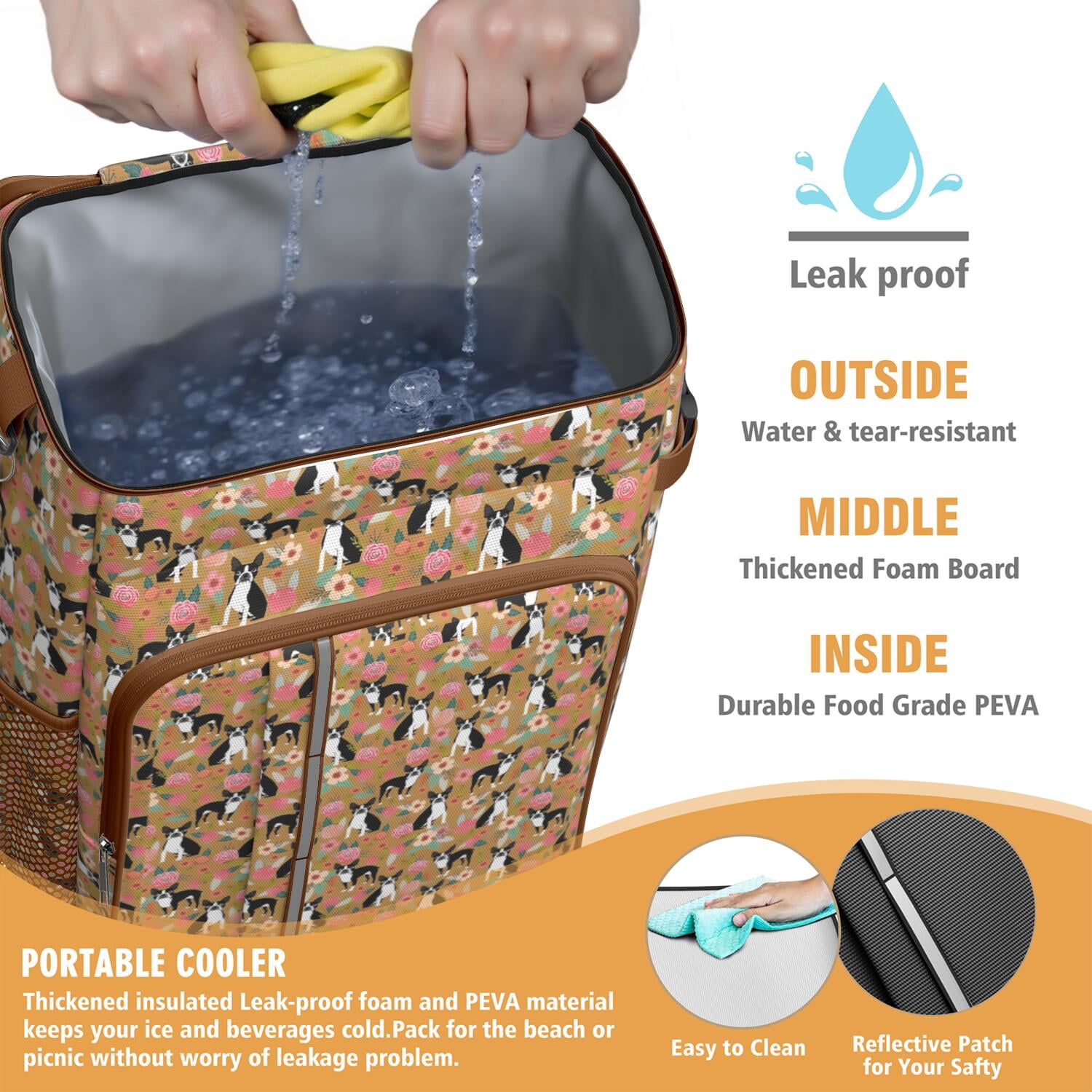 Travel Cooler Bag - Boston Terrier and Flower Camping Beer Cooler Backpack with Bottle Opener- Waterproof Insulated Picnic Backpacks - Cooler Bag for Beach