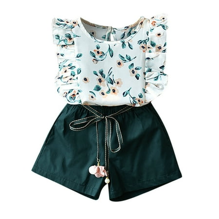 

Baby Top+Belt Print T-shirt Flower Toddler Clothes Outfits Shorts Girls Set Kids Girls Outfits&Set