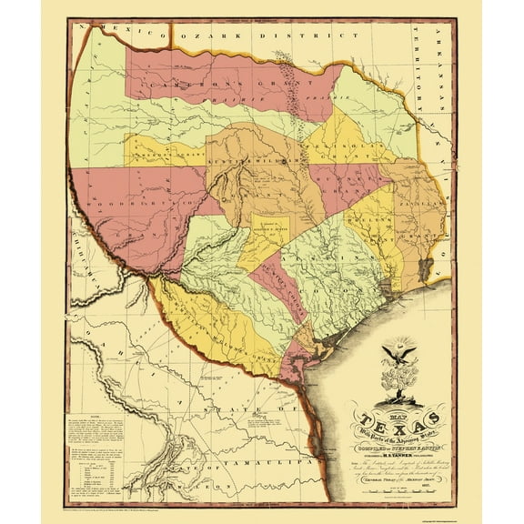 Historic State Map - Texas - Tanner 1837 - Vintage Wall Art