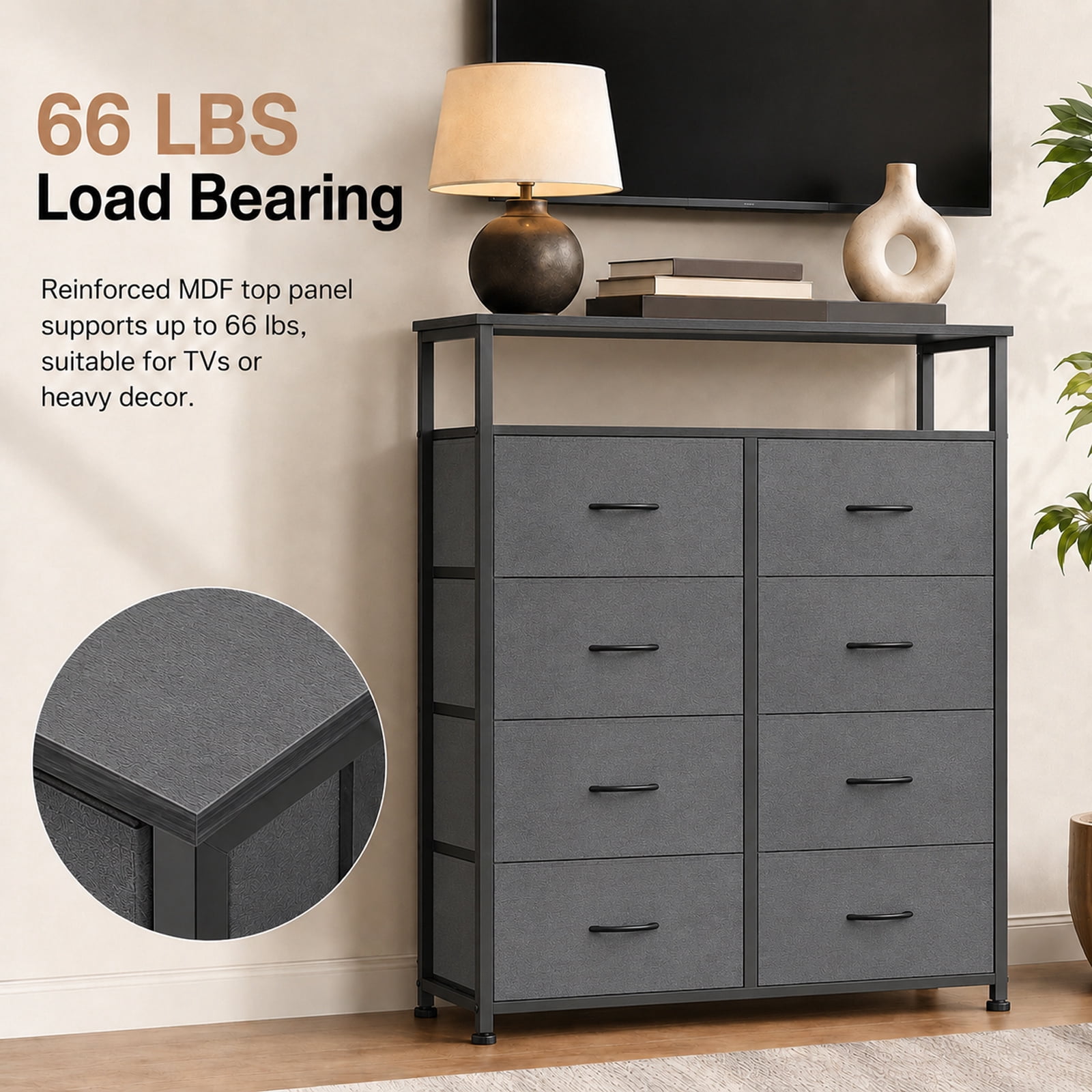Alvantor 8-Drawer Fabric Dresser with Open Shelf, Chest of Drawers, Steel, MDF, Storage Organizer Unit, Closet, Entryway