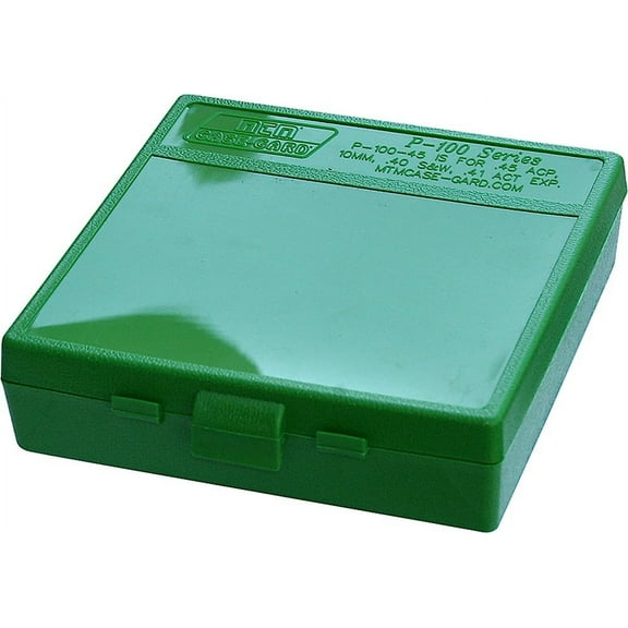 MTM P-100 FLIP-TOP PISTOL AMMO BOX 1.22" OAL GREEN POLY