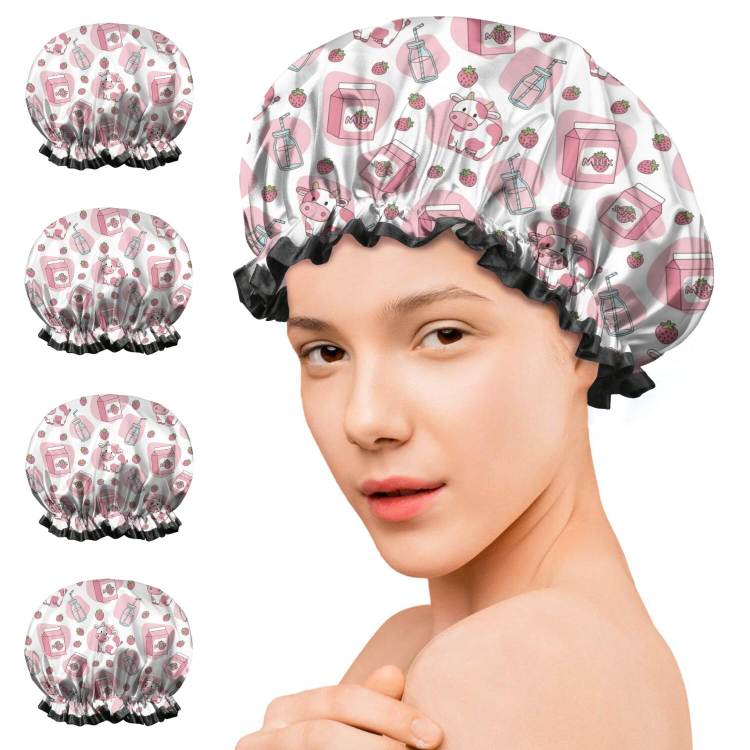 Shower Caps,White Cow Milk Strawberry Pattern Waterproof Shower Cap for Women 4 Pieces,Double Reusable Hair Cover for Shower PEVA Elastic Stretch Hem