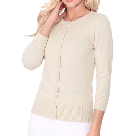 YEMAK Women's Knit Cardigan Sweater – 3/4 Sleeve Crewneck Basic Classic Casual Button Down Soft Lightweight Top