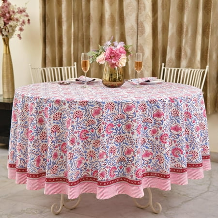 

Pigeon Blue and Flamingo Pink Round Tablecloth Table Cover Table Linen Dining Table Decor India Block Print Table Top