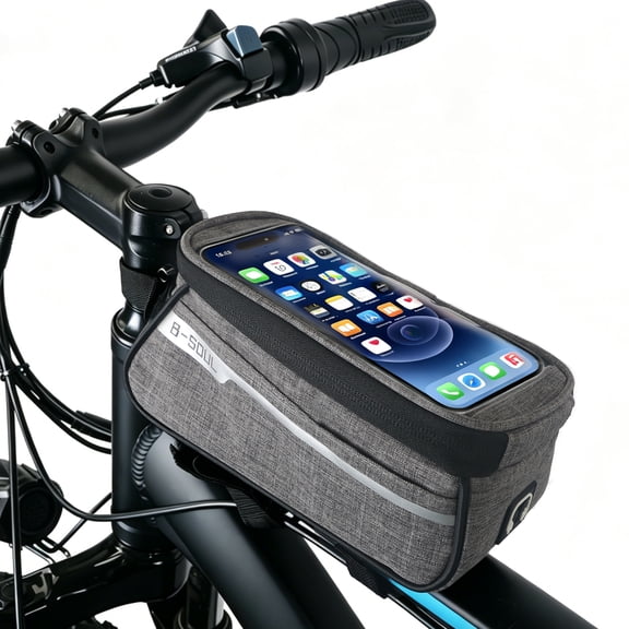 Waterproof Bike Top Tube Frame Bag, Touch Screen Cell Phone Holder Cycling Storage Pouch with Reflective Strip, Universal for MTB Mountain Road Electric Bicycle Accessories, Gray
