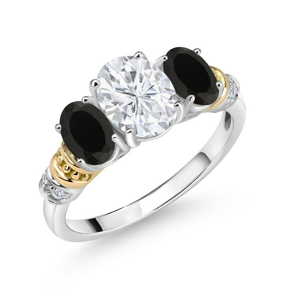 Gem Stone King 2.33 Cttw 925 Sterling Silver and 10K Yellow Gold IGI Certified Lab Grown Diamond and Black Onyx 3 Stone Ring for Women |  Center Oval Diamond 1.5 Ct | E-F Color | VS1-VS2 (Size 6)