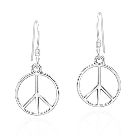 Modest Peace Sign and Harmony Symbol .925 Sterling Silver Dangle Earrings