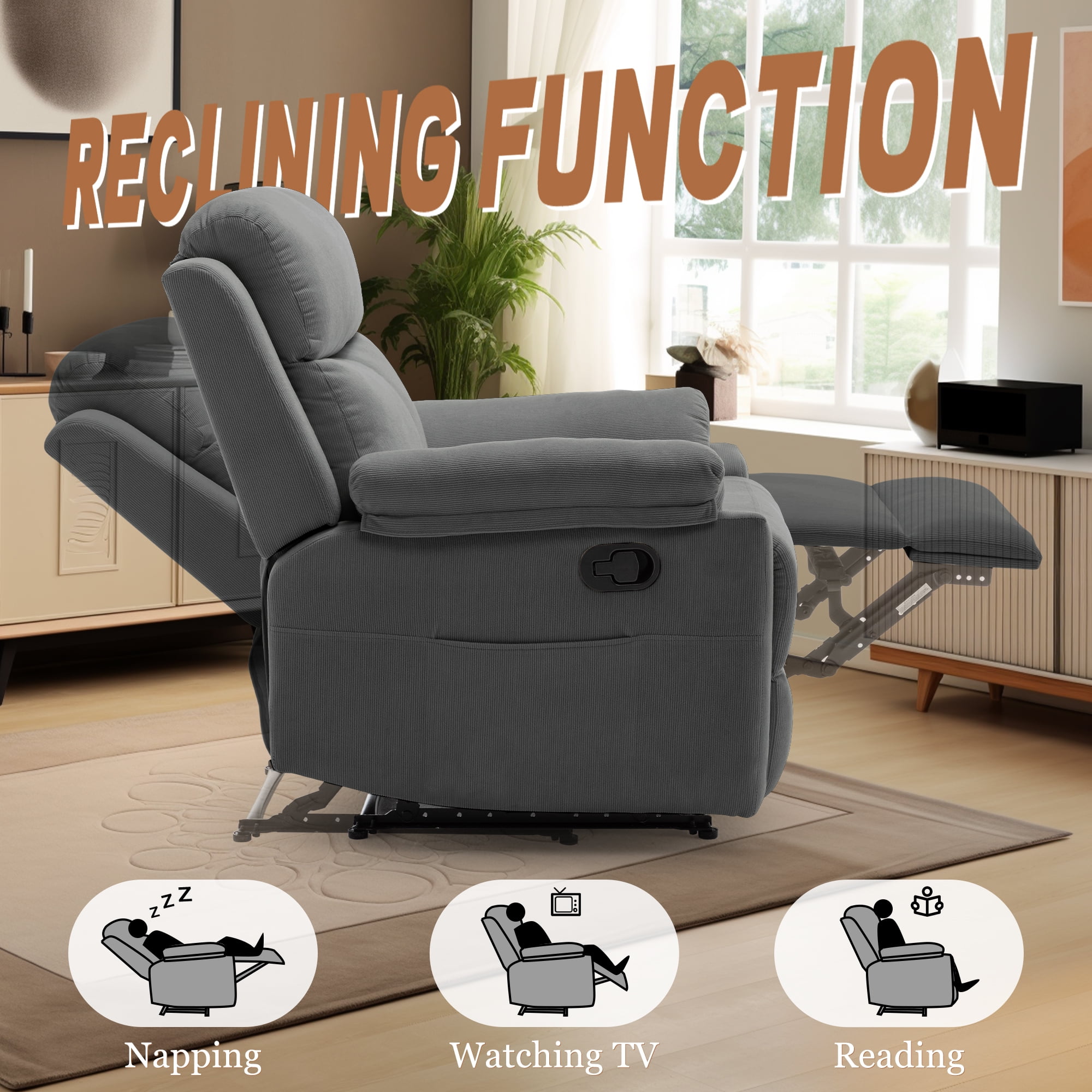Korser Manual Small Recliner Chair for Small Spaces for Living Room,Corduroy,Grey