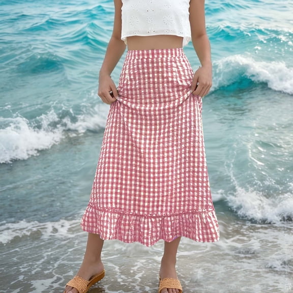 Roncen Women's Casual Elastic Waist Plaid Skirt Gingham Swing Pleated Midi Long Skirt with Pockets