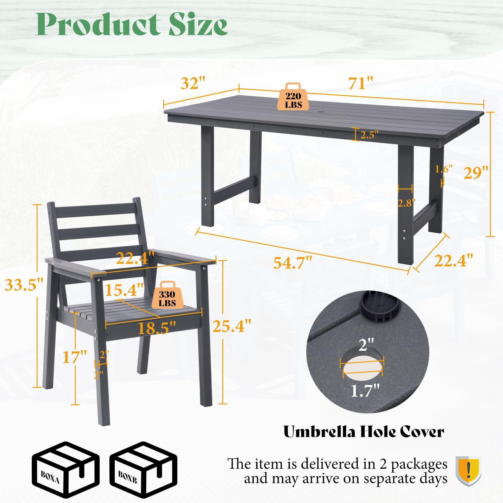 LUXOAK 7 Piece HDPE Outdoor Dining Set, 71" Table with 6 Chairs, Patio Furniture, Grey