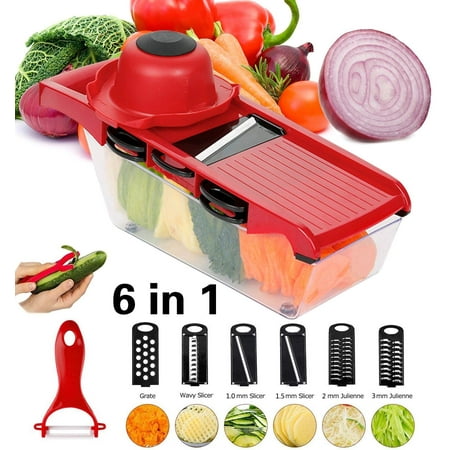 Mandoline Slicer, Vegetable Slicer, Cutter for Potato, Tomato, Onion, Cheese, Cucumber etc. 6 Stainless Steel Blades, Food Storage Container, Hand Protector, Vegetable