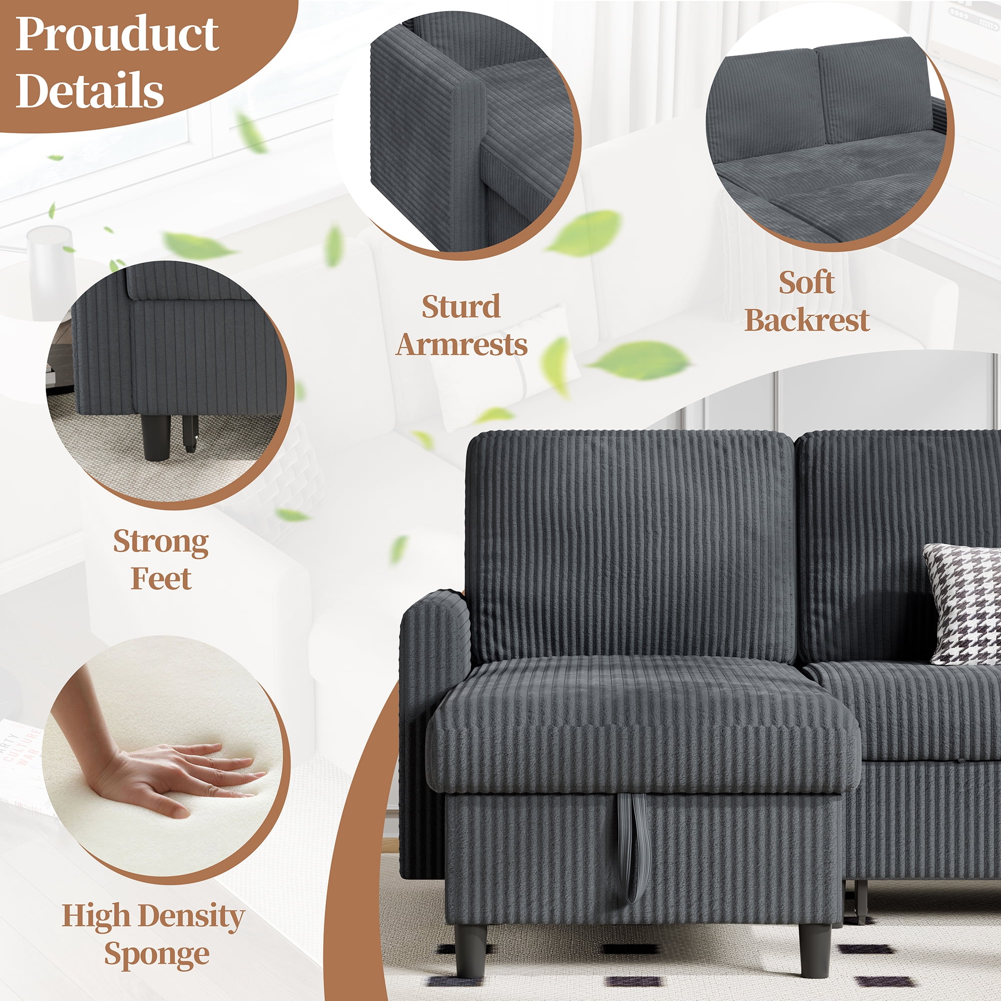 Walsunny Pull Out Sectional Sleeper Sofa Bed L Shape Couches with Reversible Storage Chaise for Living Rooms Small Rooms Apartment,Dark Gray