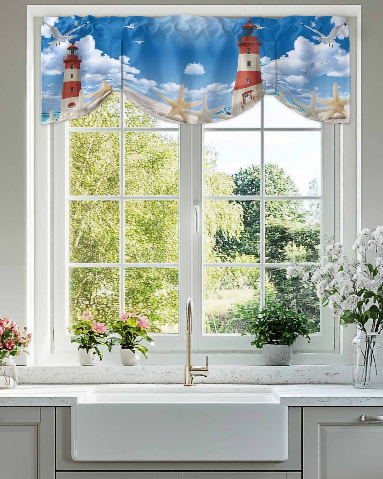 Lighthouse Seagull Tie Up Valances Curtain, Adjustable Kitchen Starfish Summer Beach Sandy Valances for Windows Decor, Rod Pocket Short Curtains Set for Bedroom/Bathroom, 54"x18"