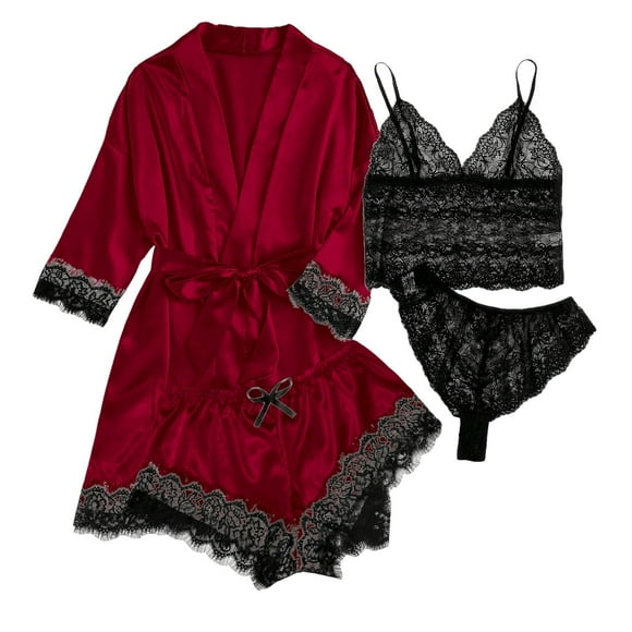 GDREDA Plus Size Pajama Set Women Silk Pajamas For Women Set 4 Piece Satin Sleepwear Classic Button Down Short Sleeve Pj Set Cute Loungewear Women Pajama Sets pyjamas Brick Red,S