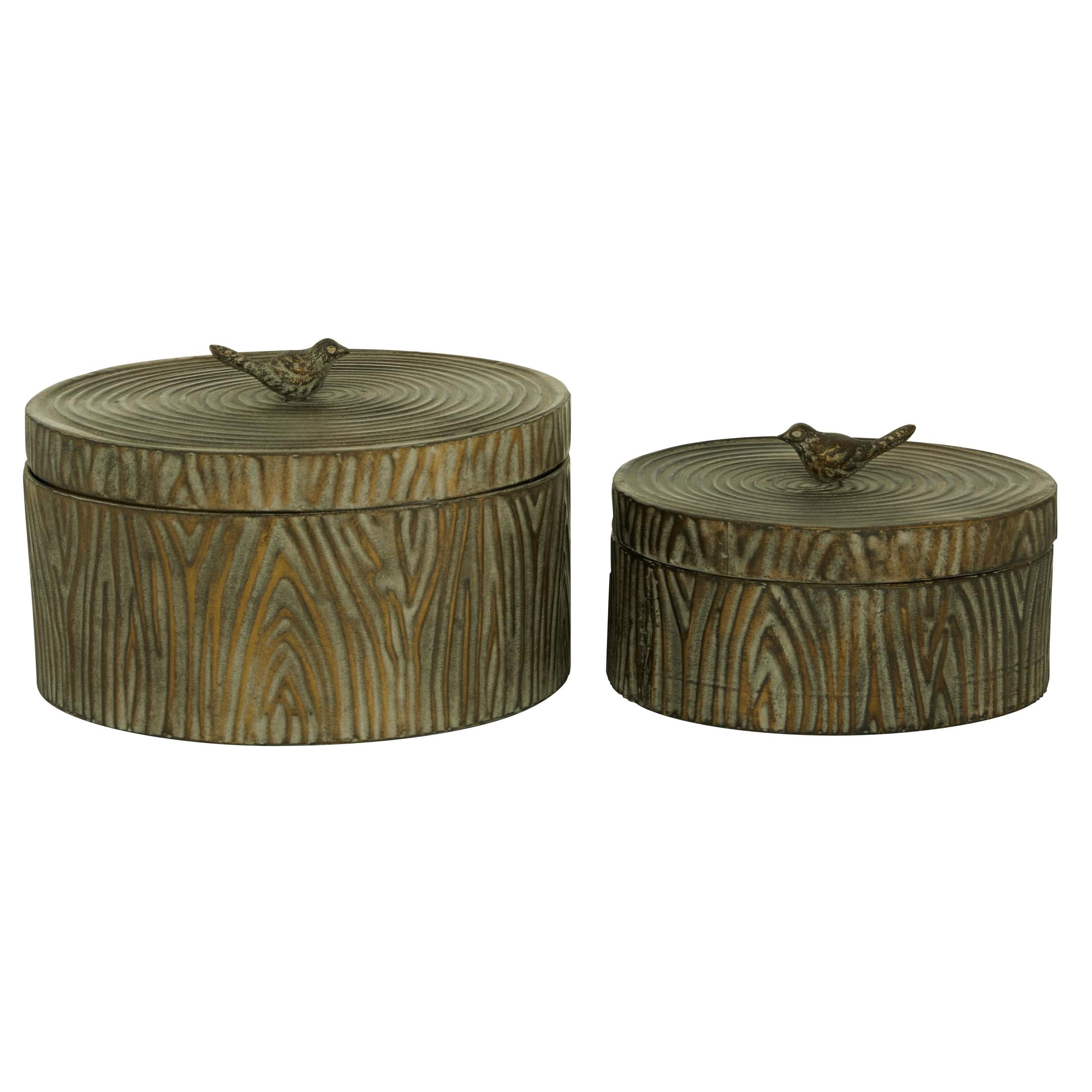 DecMode 7", 6"H Bronze Metal Bird Carved Decorative Jars, 2-Pieces