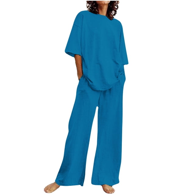Hvobtty Ensembles de Blouses Décontractées à Manches Courtes Col Rond pour Femmes, Été Blouses Décontractées à Manches Courtes Col Rond/en Vrac Tube Droit avec Poche Ensemble Pantalon Long
