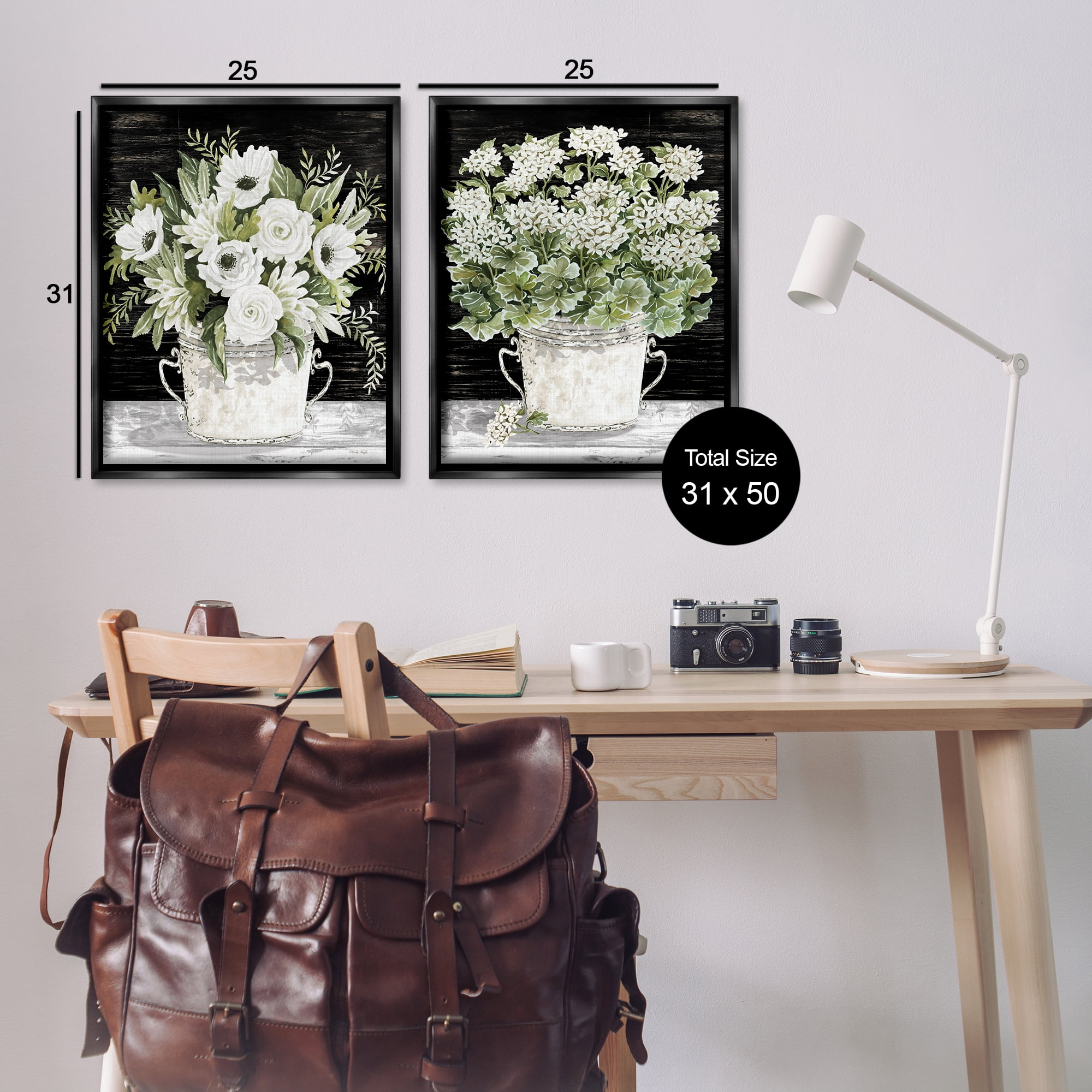 Stupell Industries Country Tins of Flowers Floral & Botanical Painting Black Floater Framed Canvas Art Print Wall Art, 31 x 25, Set of 2