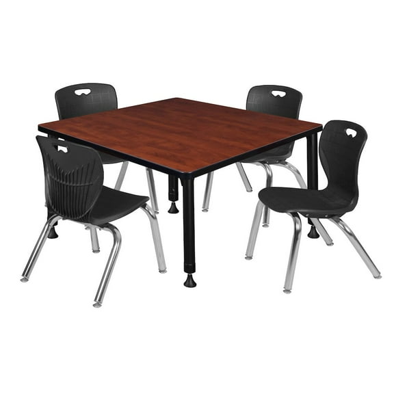 Regency 36 Square Adjustable Classroom Table- Cherry & 4 Andy 12 Stack Chairs- Black