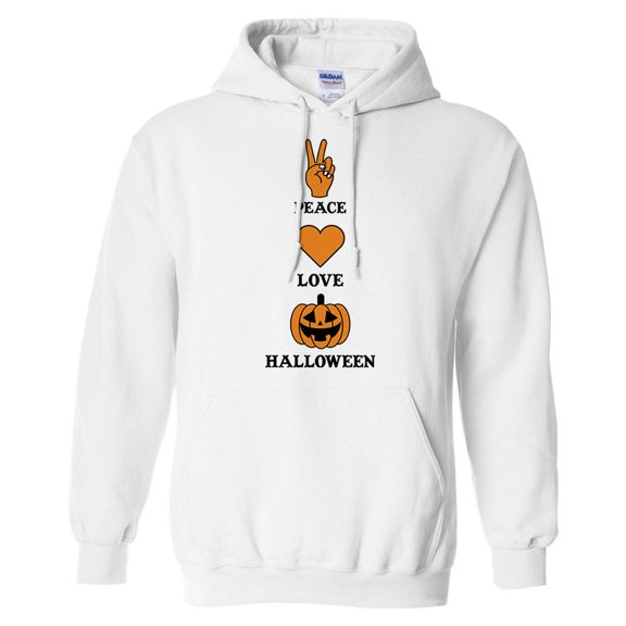 Peace Love and Halloween Hoodie Sweatshirt Unisex Large White