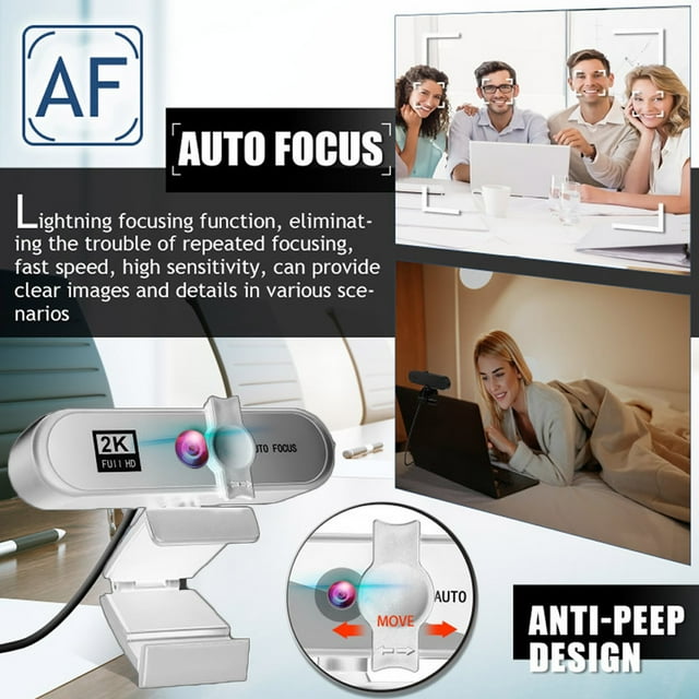 Ordinateur Webcam Auto-focusing HD USB en Ligne Caméra PC Réglable avec Microphone Câblé Remplacement Externe Web Cam Caméscope Blanc 2K