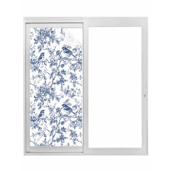 Blue Botanical Window Privacy Film, Vintage Botanical Birds Static Cling UV Sun Blocking Tint Film Heat Control Windows Films for Bedroom Bathroom, Window Stickers 29.5"x78.7"