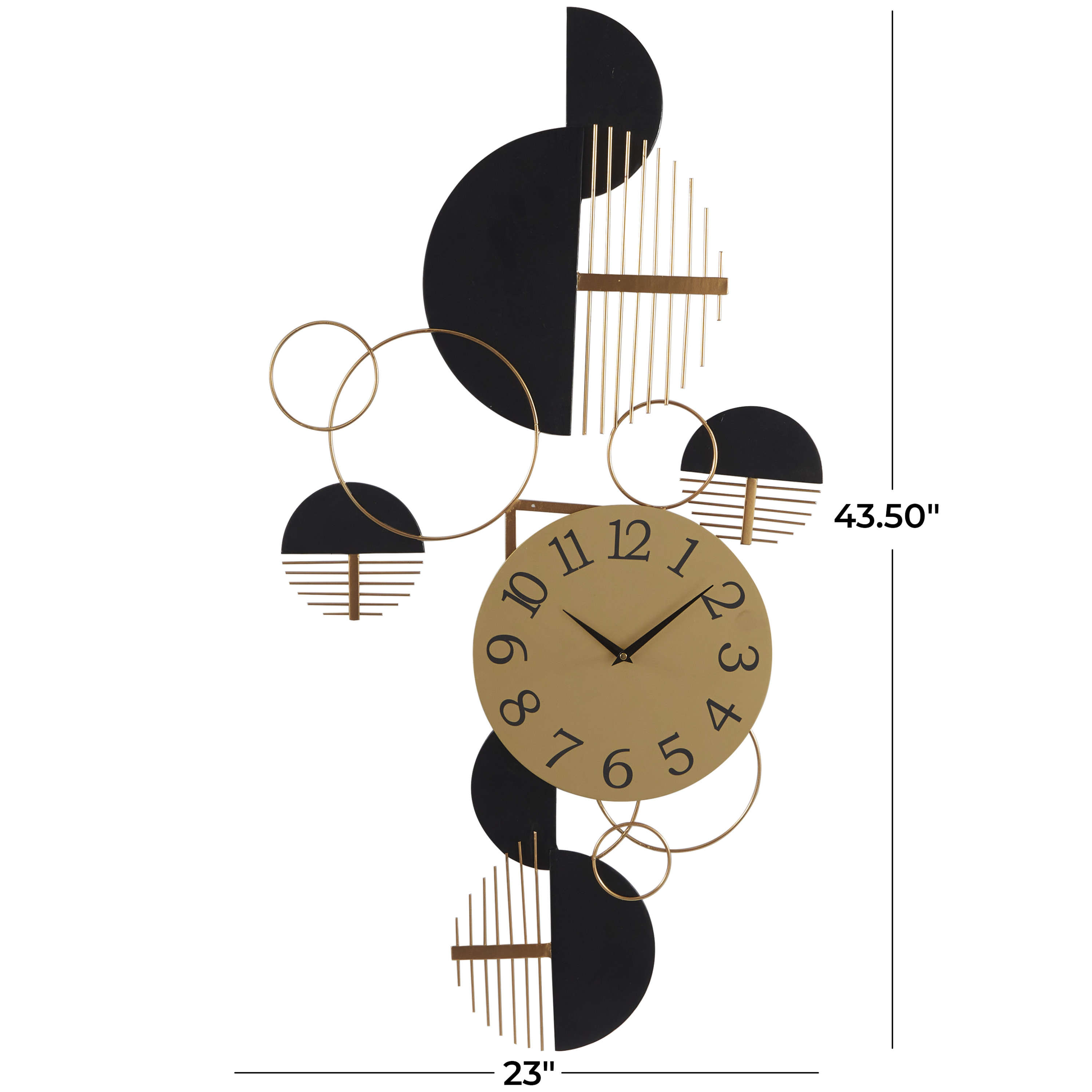 DecMode 44" x 23" Black Metal Geometric Half Moon Wall Clock with Adjustable Clock Face