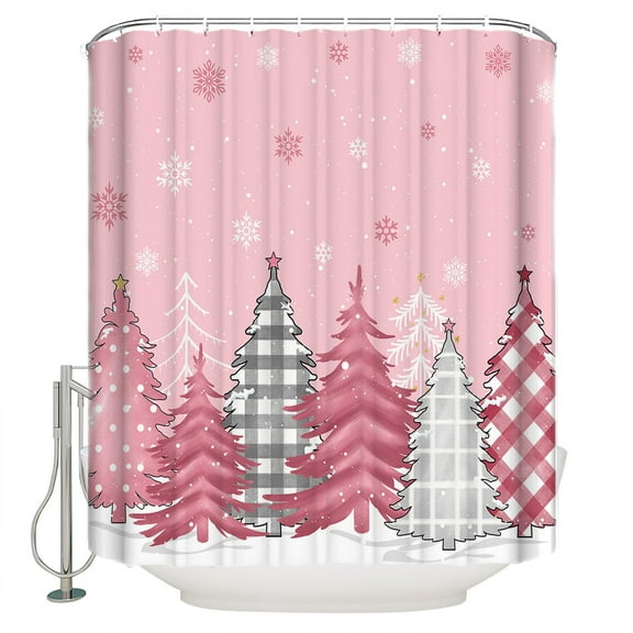 Christmas Pink Shower Curtain, 60" x 72", Snowflake Stars Xmas Tree Waterproof Bathroom Curtain Washable Shower Curtain Set with 12 Hooks